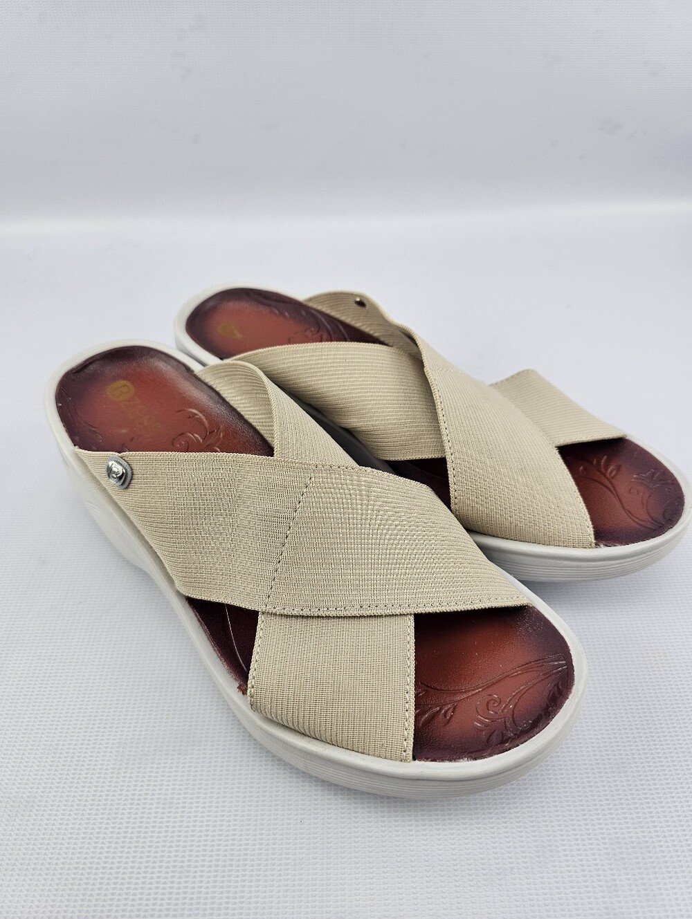 Bzees Women's Beige Cross Strap Wedge Sandals Size 7